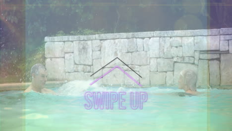 people swimming in pool with swipe up text animation over stone wall