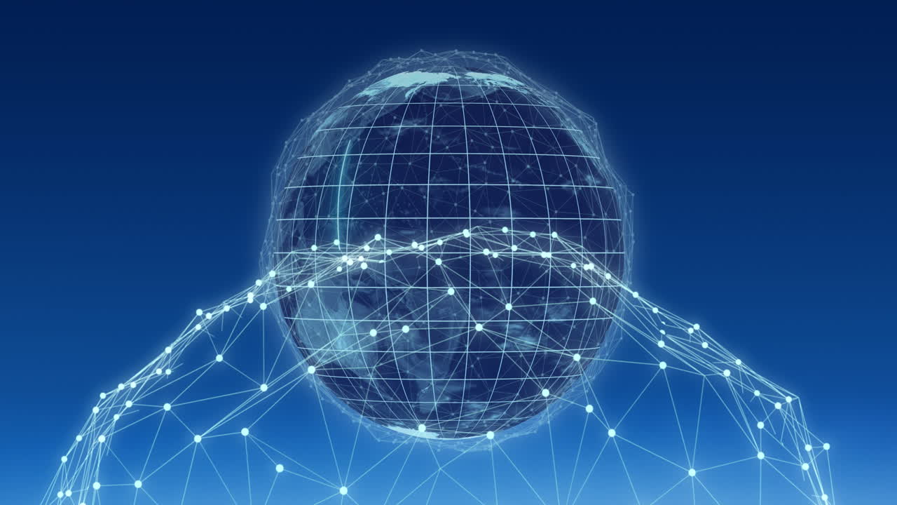Animation of network of connections with glowing spots and globe on blue background