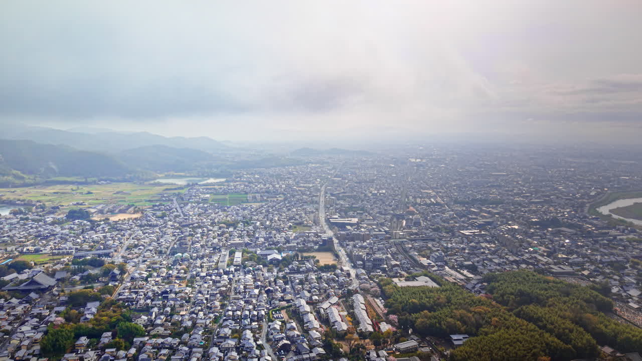 Aerial drone view of the Arashiyama district in Kyoto Japan on a cloudy day