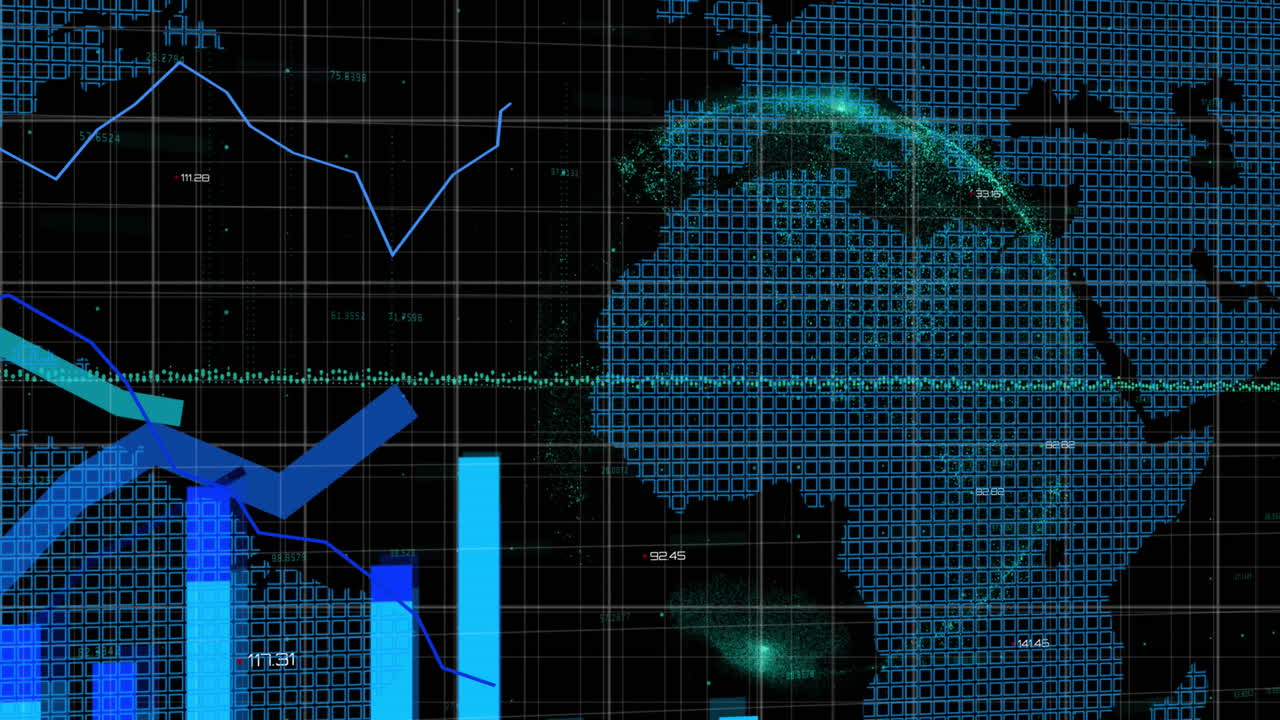 Animation of statistical data processing over world map and spinning globe against black background
