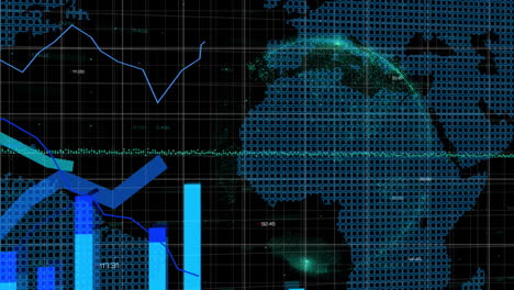 animation of statistical data processing over world map and spinning globe against black background