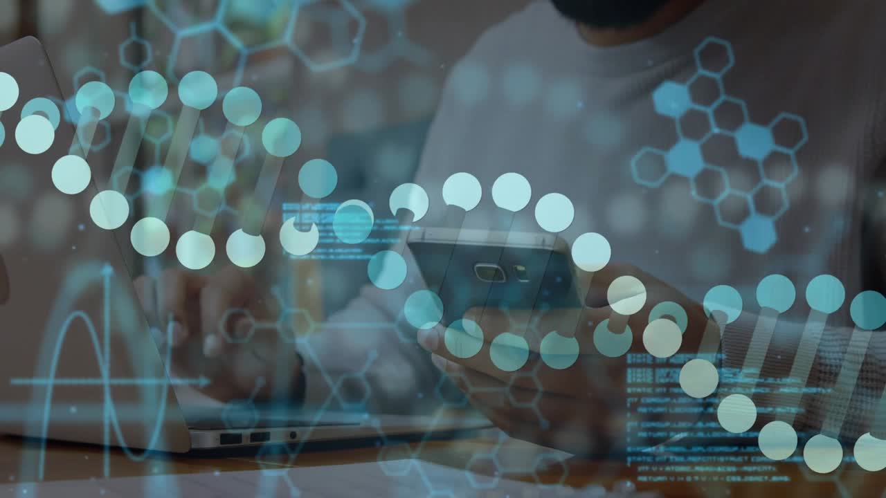 Developer typing code animating hexagonal DNA charts for data analysis while scrolling smartphone