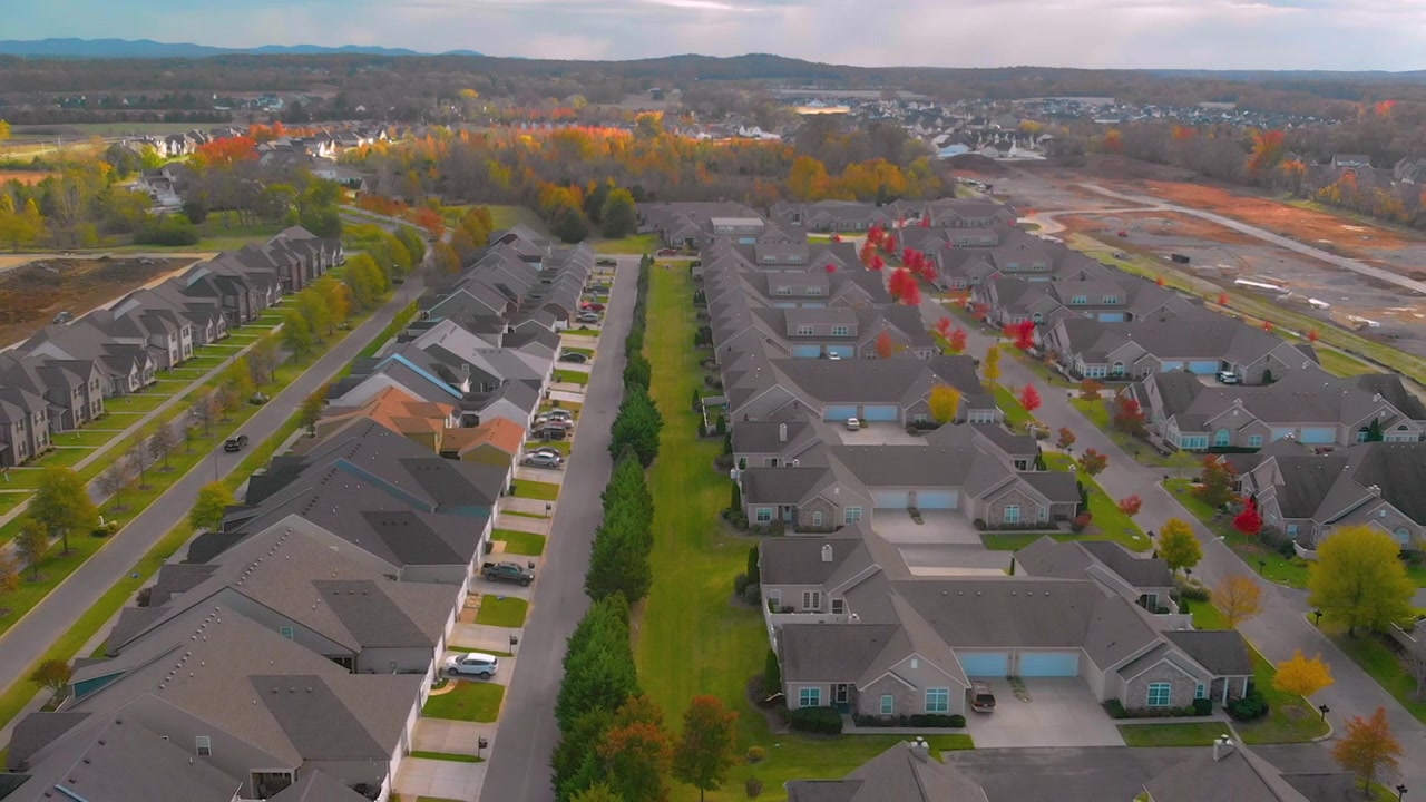 Aerial View of a Suburban Residential Neighborhood in Autumn