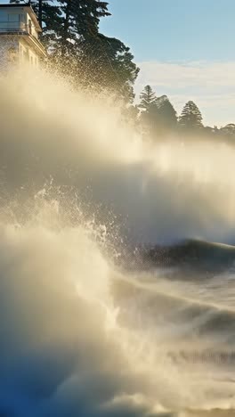 waves crashing against eroding shoreline near coastal houses at sunset