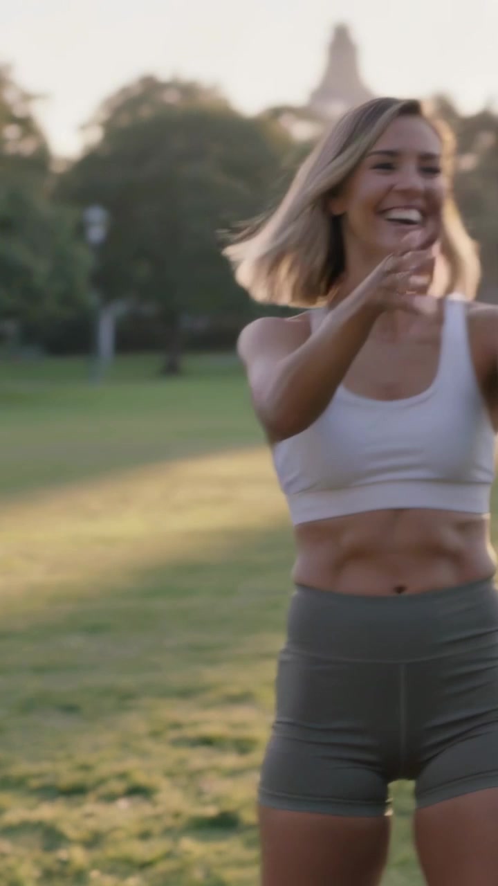 Video verticale: Donna bionda in abbigliamento sportivo che cammina nel parco, porgendo un tappetino e una bottiglia blu per lo yoga.