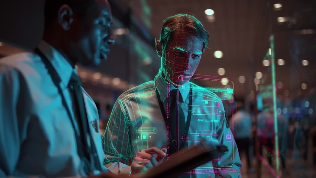 Tech consultants analyzing display data in a modern workspace