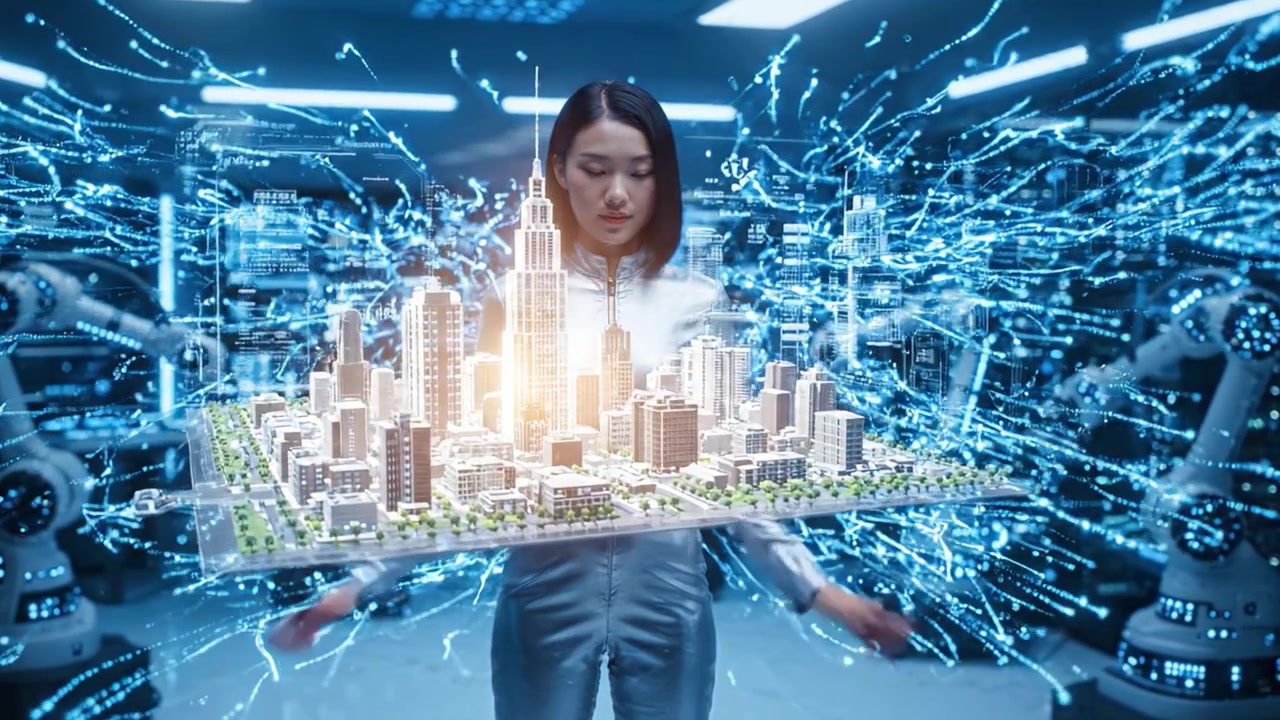 Ein futuristischer Mentor wartet: Eine junge Frau in einem metallischen Anzug manipuliert ein 3D-Stadtmodell, umgeben von digitalen Elementen in einer fortschrittlichen technologischen Umgebung.