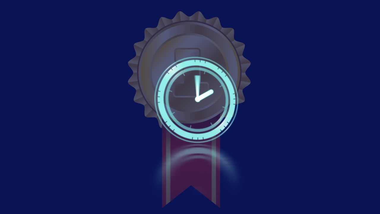 animación de un reloj moviéndose rápidamente sobre la insignia del primer lugar en fondo azul
