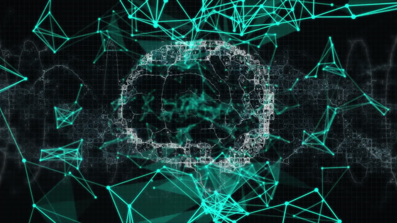 Animation of human digital brain and connected dots forming geometric shapes over black background