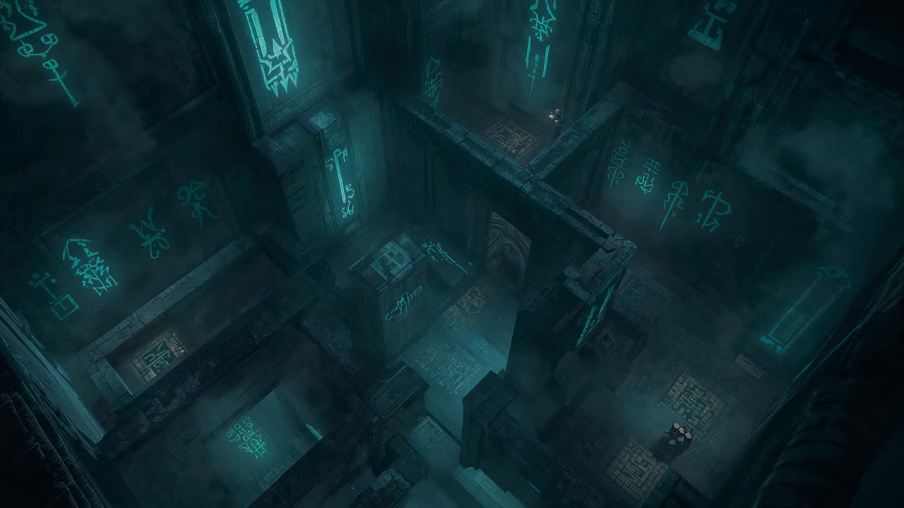 Descending camera revealing central ruin chamber, exposing glowing runes and walkways, pedestal