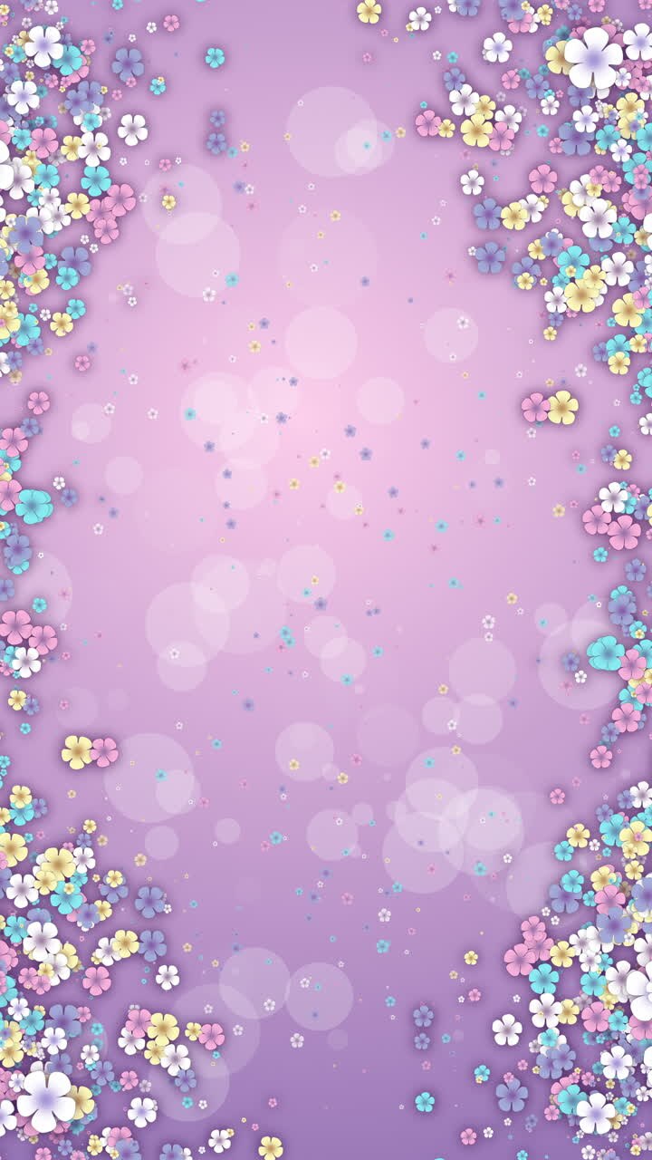 Small spring colored flowers on pink abstract background. Looped holiday animation. Floral screensaver in pastel shades. Vertical video.