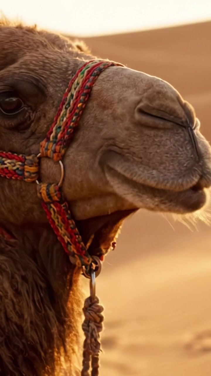 Un Maestoso Ritratto di Cammello Che Mostra i Dettagli Intricati della Sua Bardatura Contro uno Splendido Tramonto nel Deserto, Evidenziando la Bellezza delle Creature della Natura