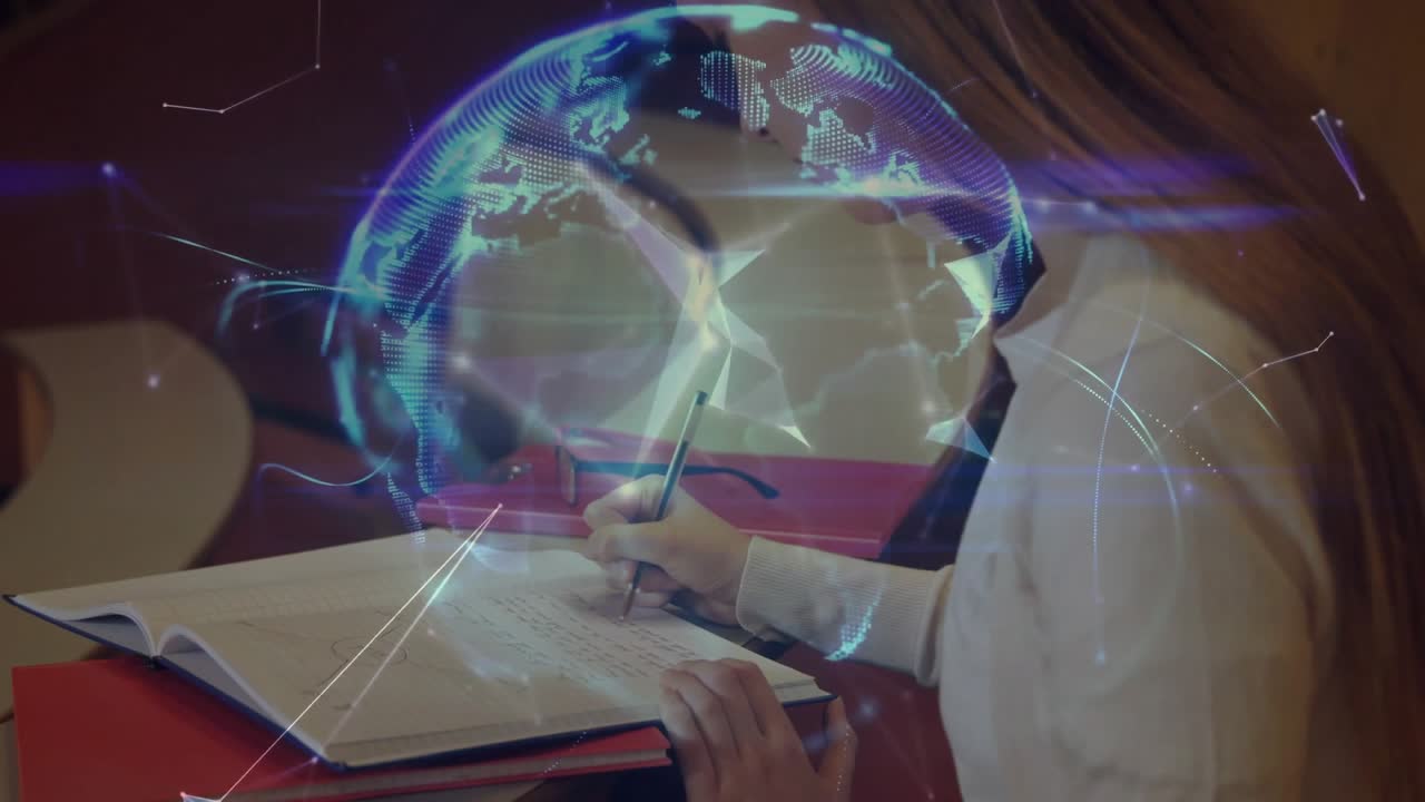 Education student scribbling diagrams on notebook as holographic mesh evolving into rotating globe