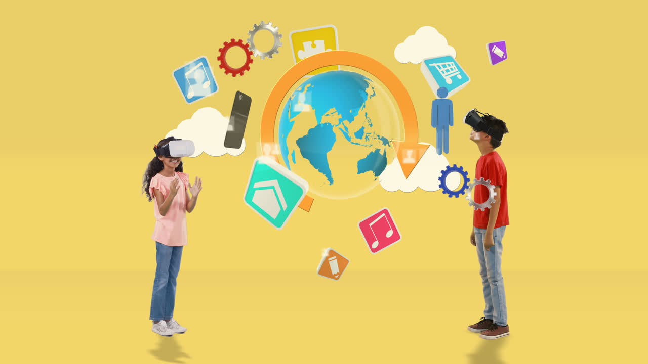 소년과 소녀는 디지털로 생성된 여행 아이콘 4k와 함께 가상 현실 헤드 ⁇ 을 사용합니다.