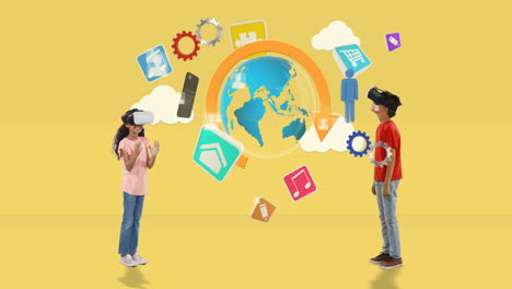 niño y niña usando auriculares de realidad virtual con iconos de viaje generados digitalmente 4k