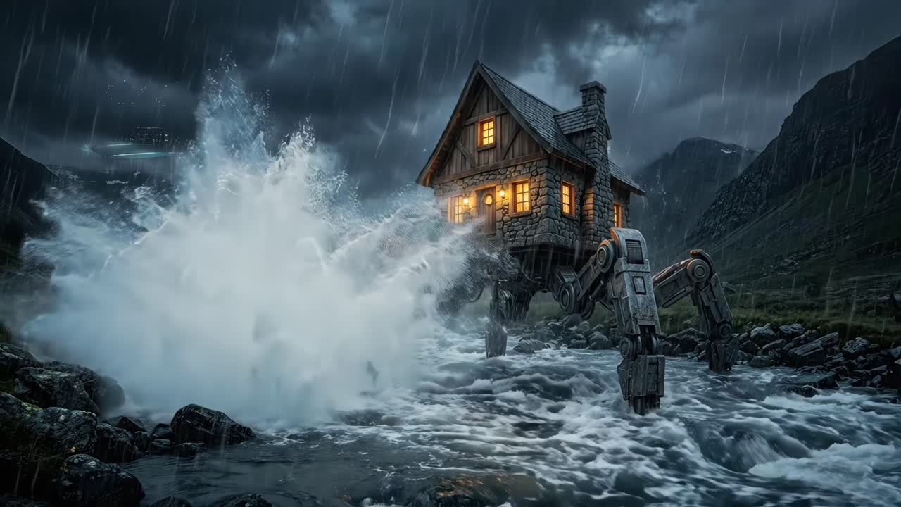 Fantasy mechanický dům kráčející bouřlivou říční krajinou.