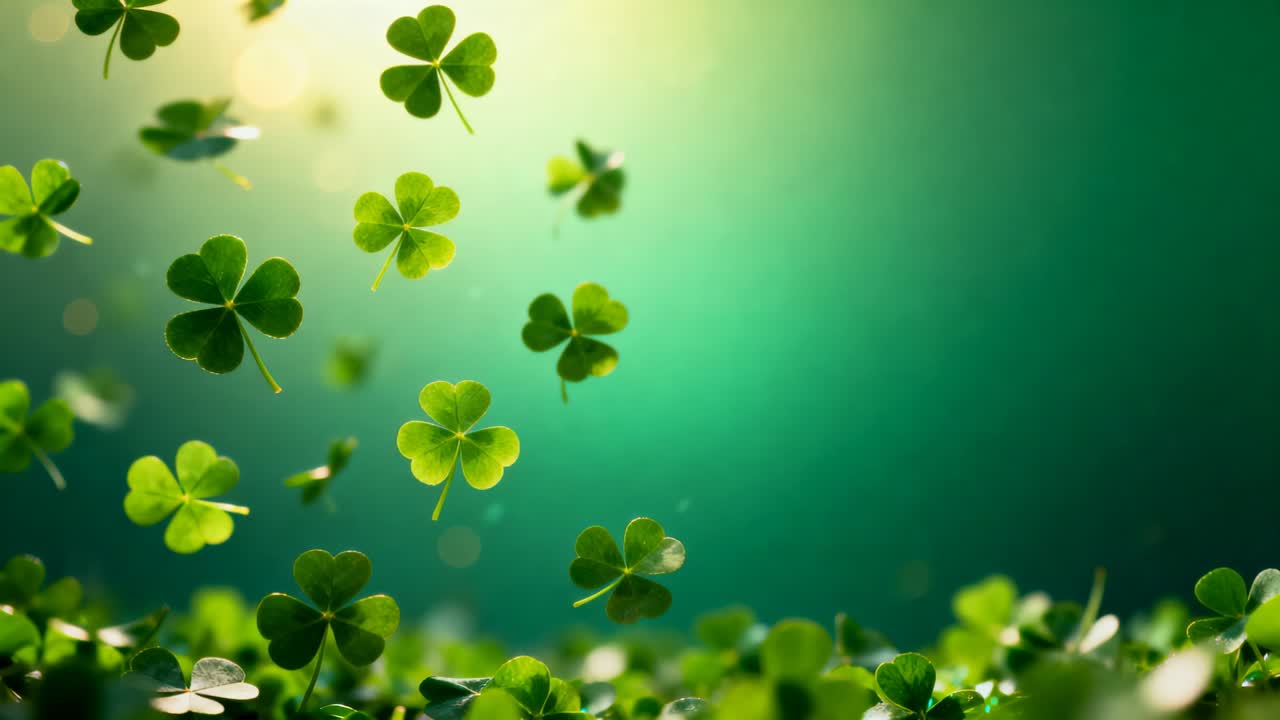 Drifting clover leaves descending over clover bed, gentle breeze causing soft fall, warm sun flare