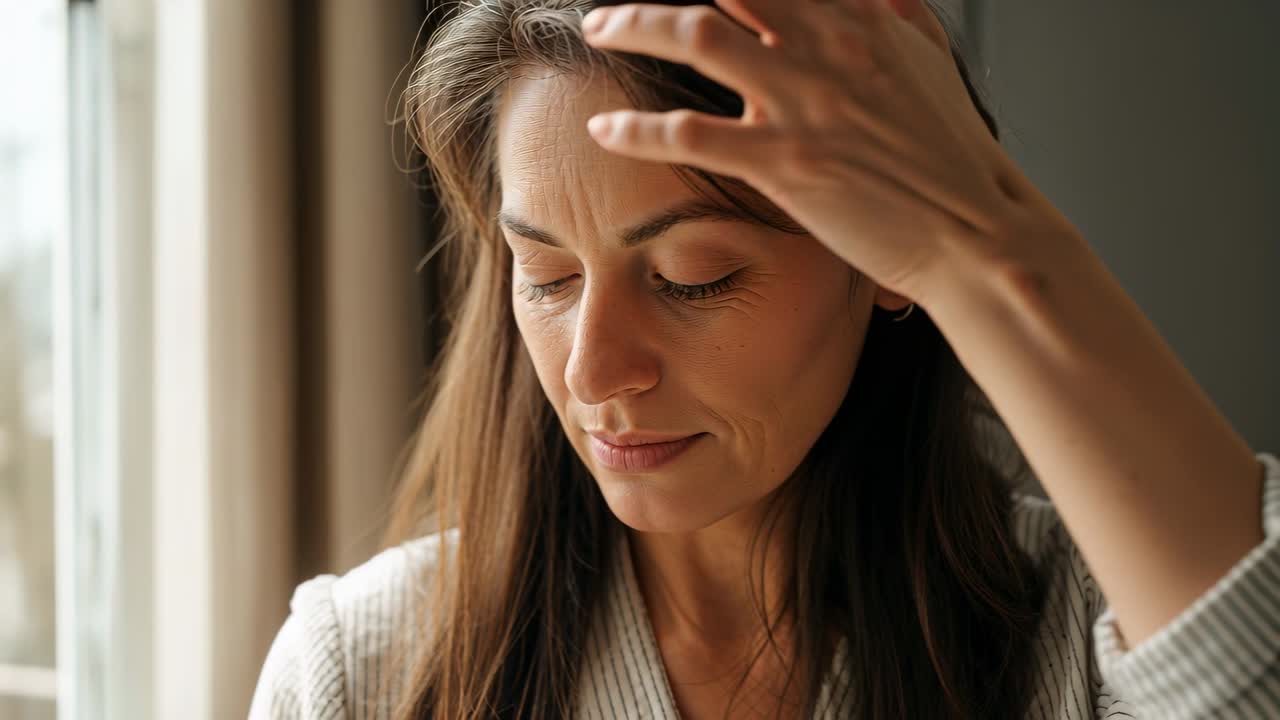 Mentre si sistema i capelli, una donna con un top a righe è illuminata dalla morbida luce del giorno accanto alla finestra, lisciandosi le ciocche.