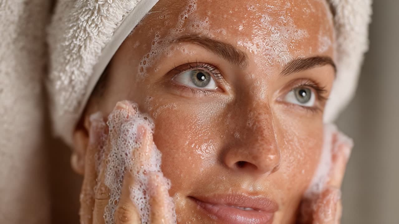 A Close-Up of a Woman Enjoying a Gentle Cleansing Routine with Foaming Skin Care Products, Highlighting Radiant Skin and a Relaxed Atmosphere