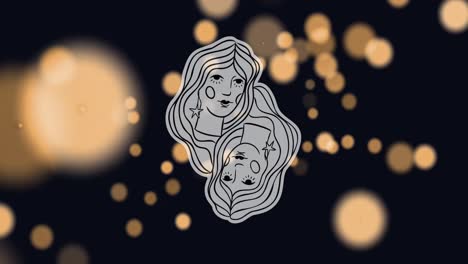 Animation-of-female-faces-representing-gemini-zodiac-sign-against-illuminated-lens-flare
