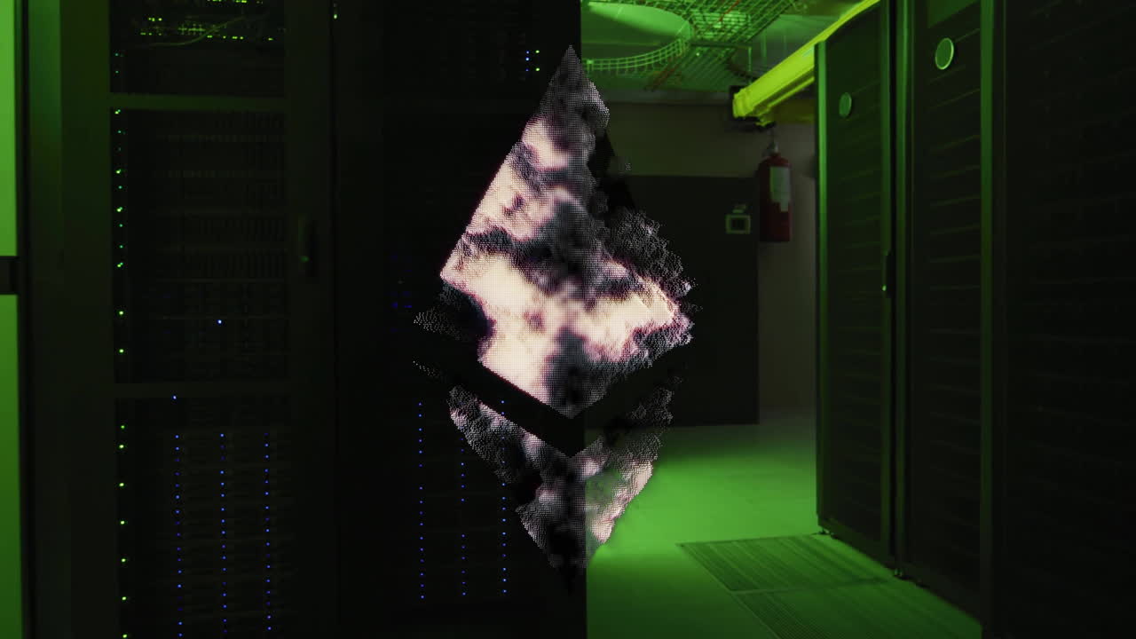 animación de formas geométricas abstractas sobre la sala del servidor con iluminación verde