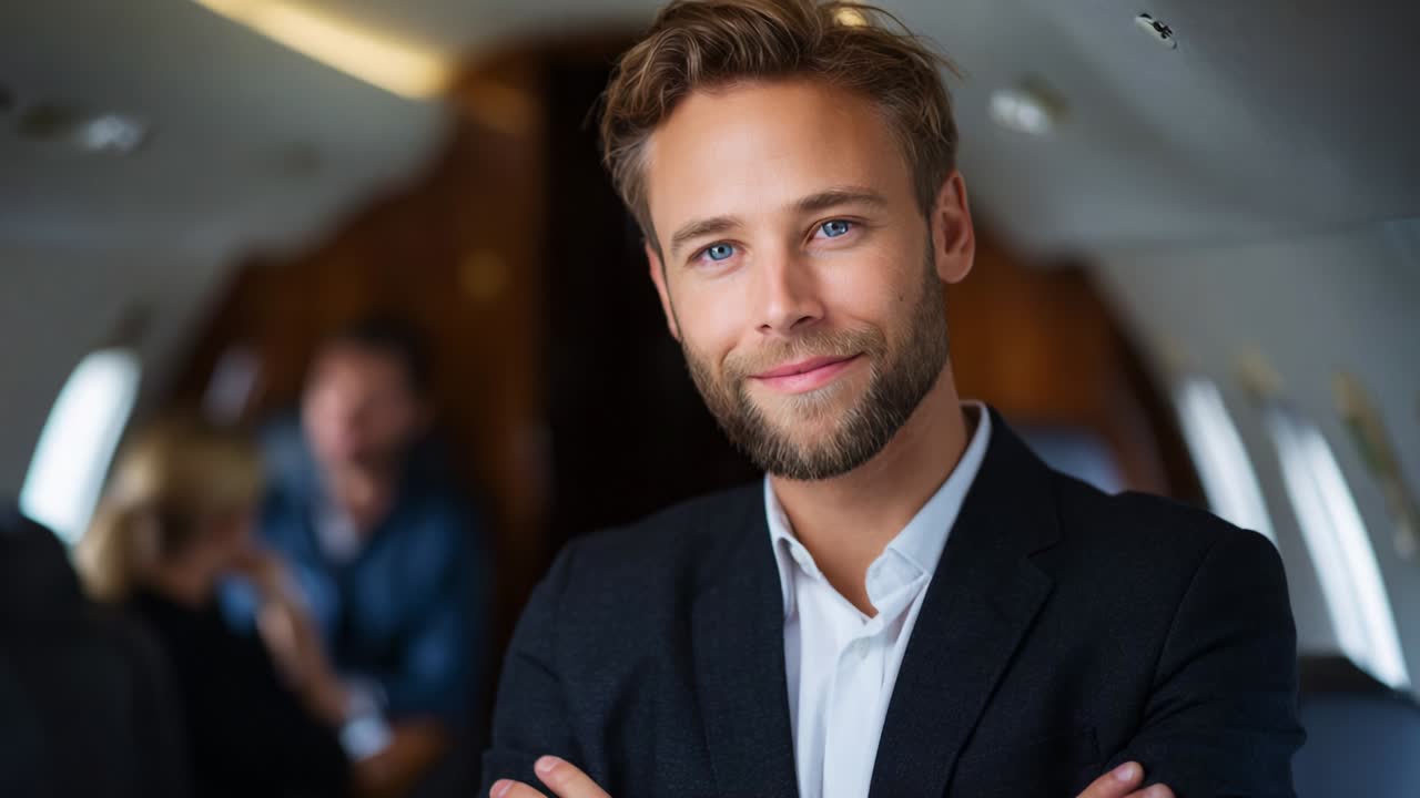Confident and Professional Young Man Smiling in Luxurious Private Jet Interior, Reflecting Success and Comfort While Engaging with the Elite Atmosphere of Private Air Travel
