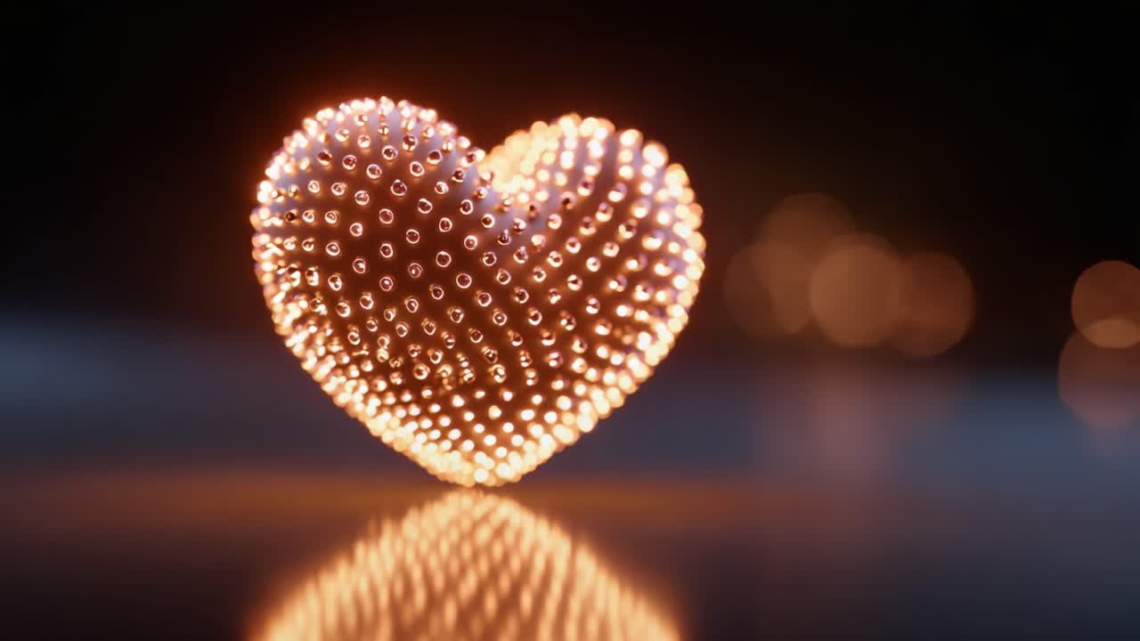 Una splendida forma di cuore incandescente, realizzata con intricate perline metalliche che riflettono meravigliosamente la luce, evocando sentimenti di amore, unità e creatività artistica in una scena accattivante
