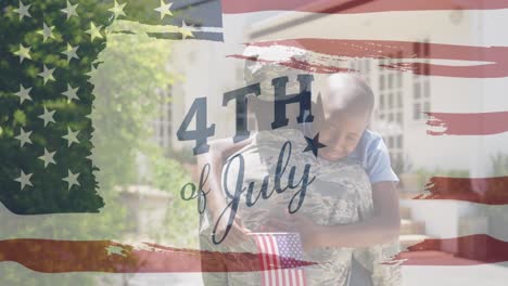 animation of 4th of july text and flag of usa over african american soldier and his son