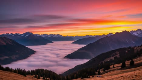 vibrant sunset over a mountain valley with a sea of clouds