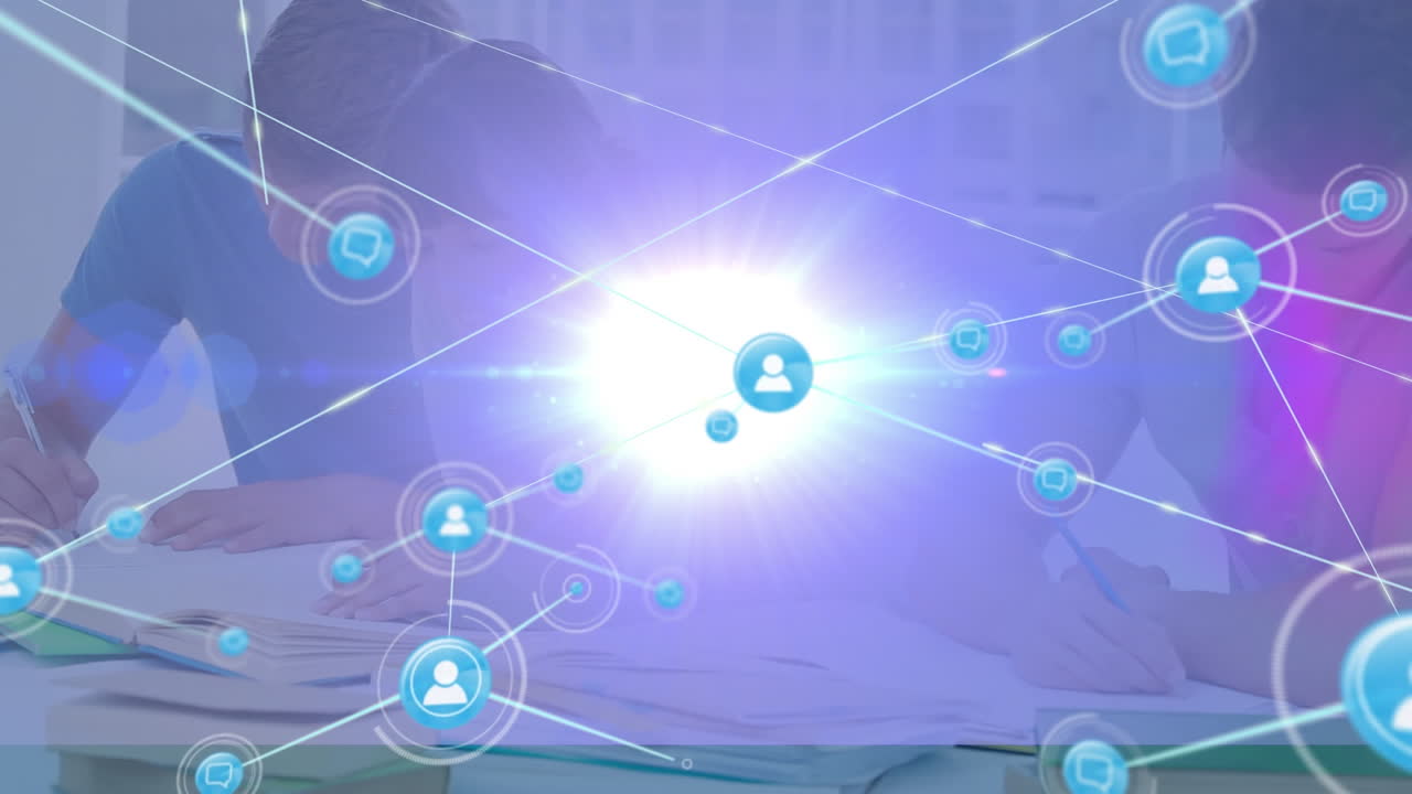 교실에서 공부하는 대학생 그룹에 대한 연결 네트워크와 밝은 빛의 점