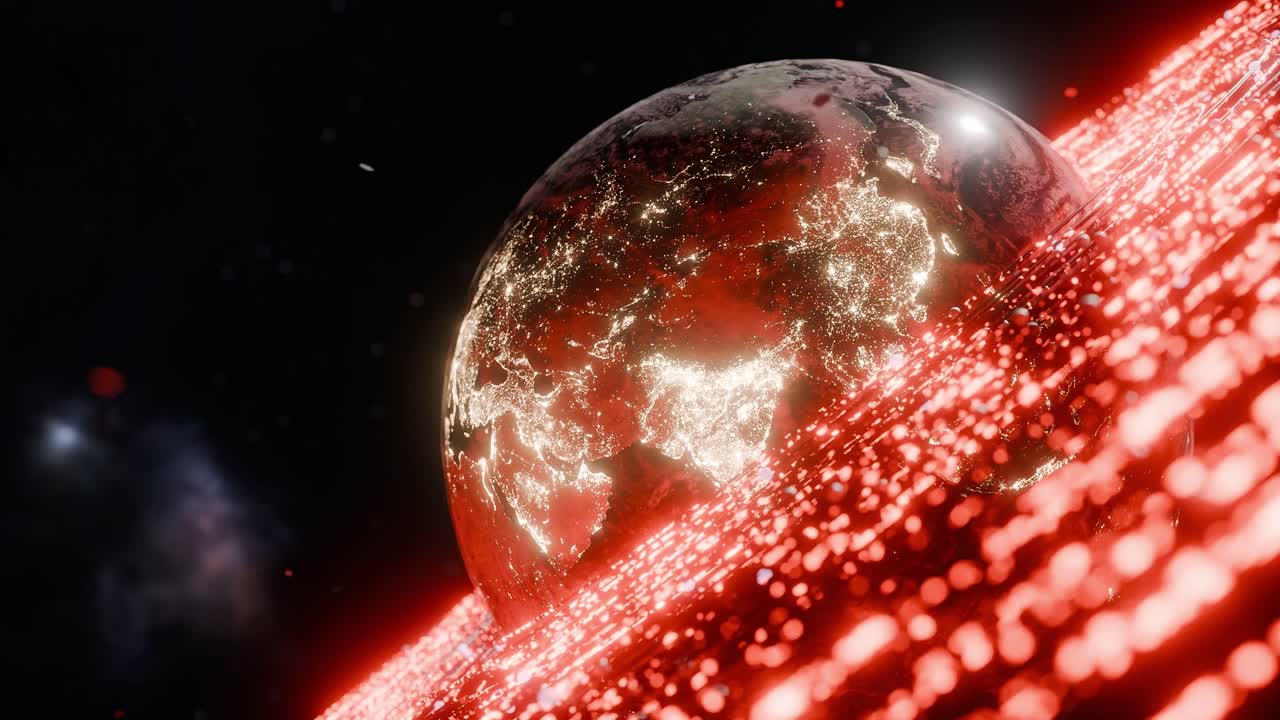 Earth showing illuminated regions of South Asia, East Asia, with red digital particles in outer space. India, China. 3D rendering with night lights and energy wave. technology global connection