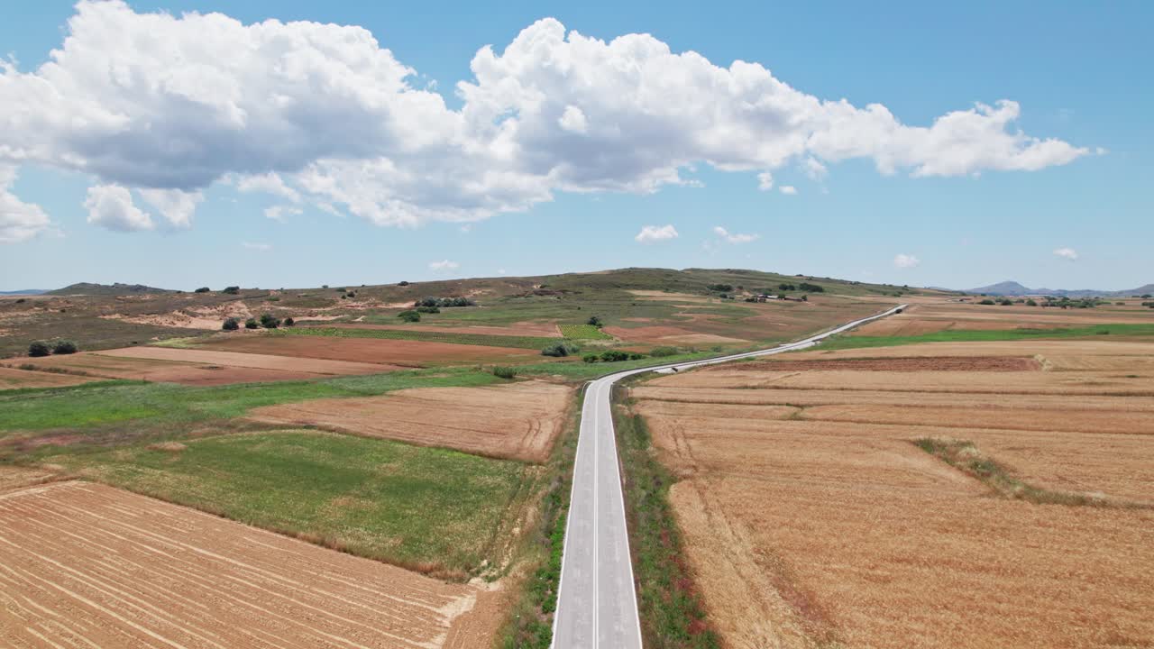 Drone dolly above empty grey asphalt road between grassland farm plots
