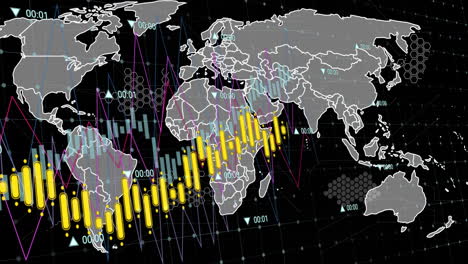 animación del procesamiento de datos sobre el mapa del mundo contra un fondo negro