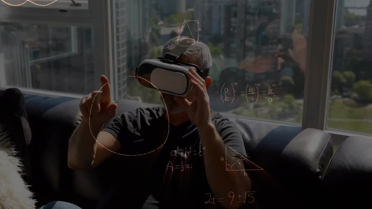 animación de dibujos matemáticos y ecuaciones sobre el hombre que usa auriculares vr