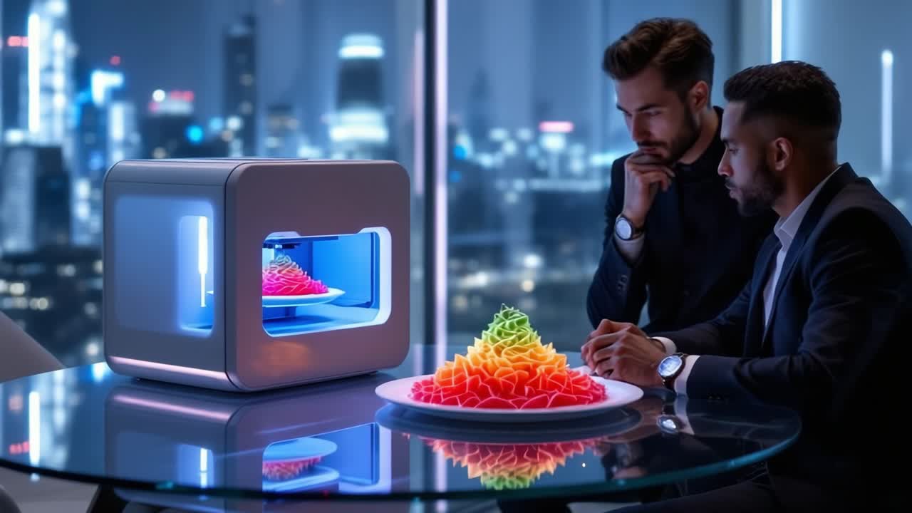 Two men in formal attire are intently observing a vibrant 3D printed design on a glass table in a modern office, with a stunning city skyline illuminated at night in the background