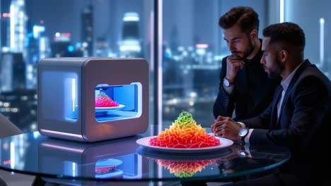 two men in formal attire are intently observing a vibrant 3d printed design on a glass table in a modern office, with a stunning city skyline illuminated at night in the background