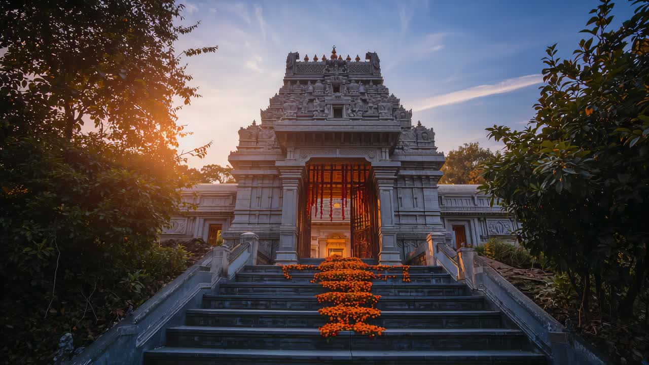 Bathing rising sun illuminating carved temple entrance and steps at sunrise, with orange garlands