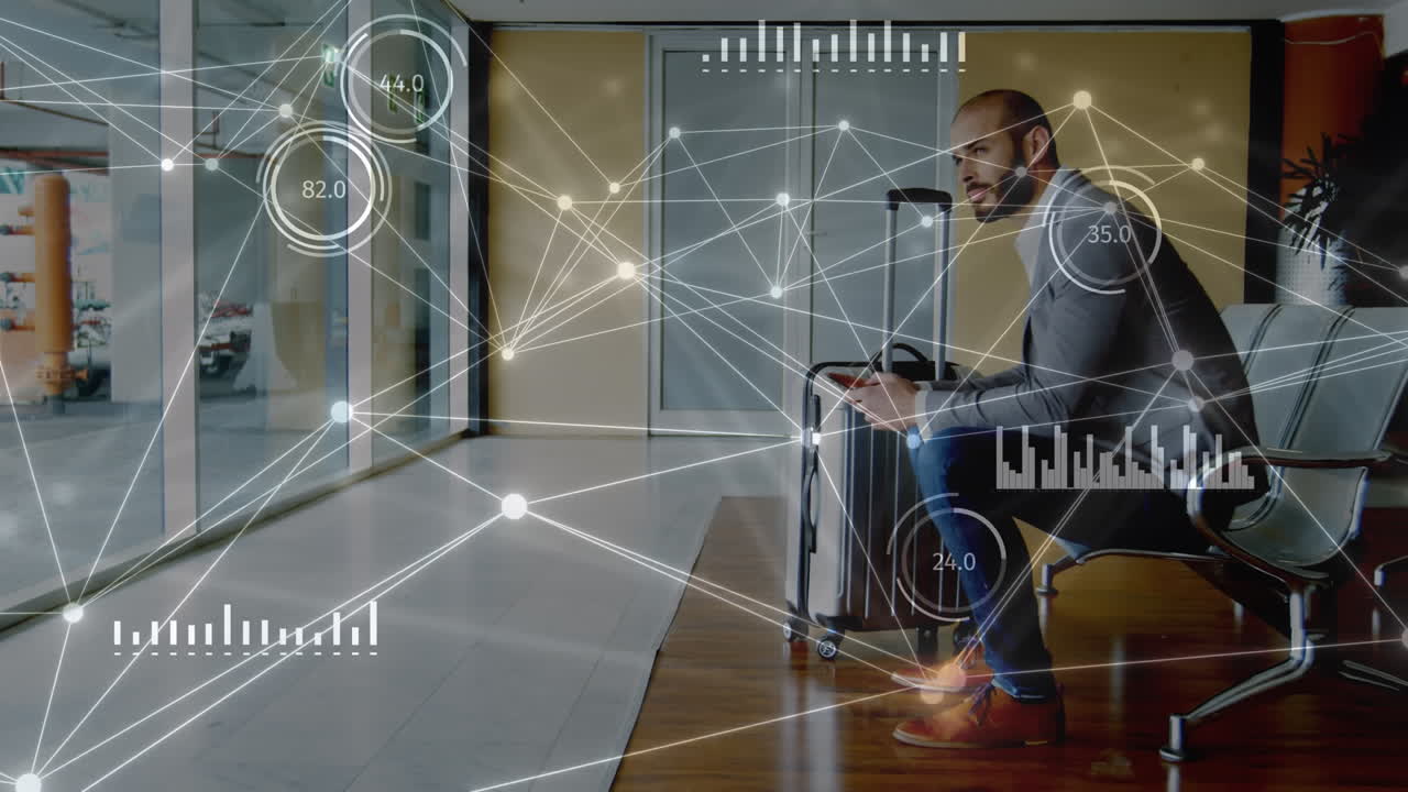 animación de la red de conexiones a través de un empresario caucásico que usa un teléfono inteligente