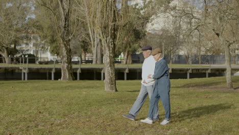 elderly couple walking in park on warm autumn day