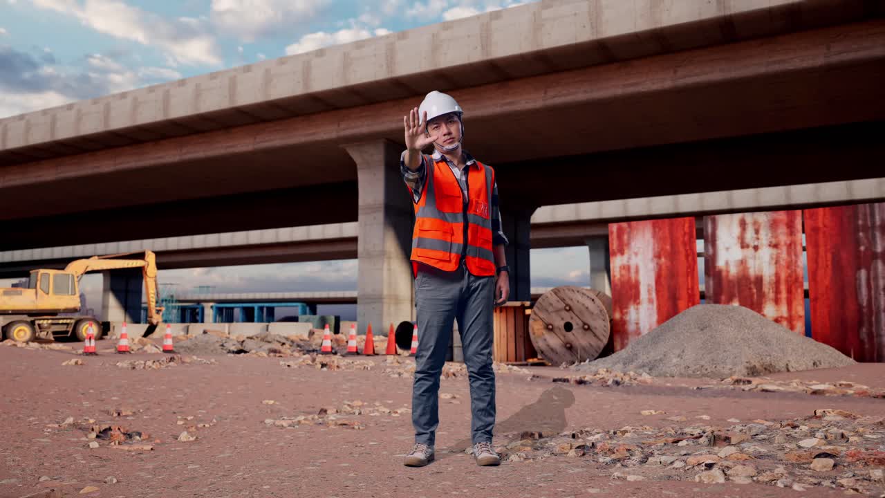 Full Body Of Asian Male Engineer With Safety Helmet Disapproving With No Hand Sign While Standing At The Site of Highway Construction