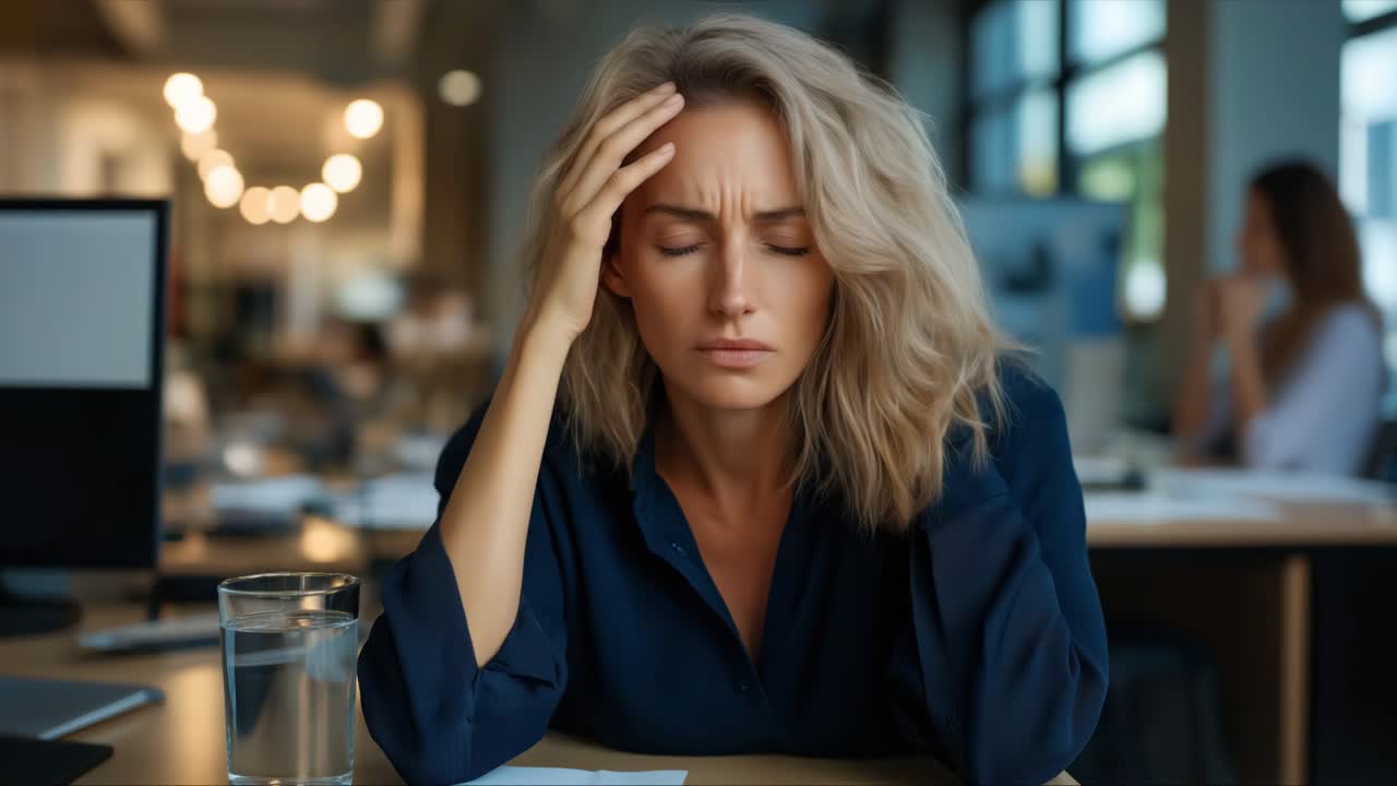 Stressed Woman with Headache at Work