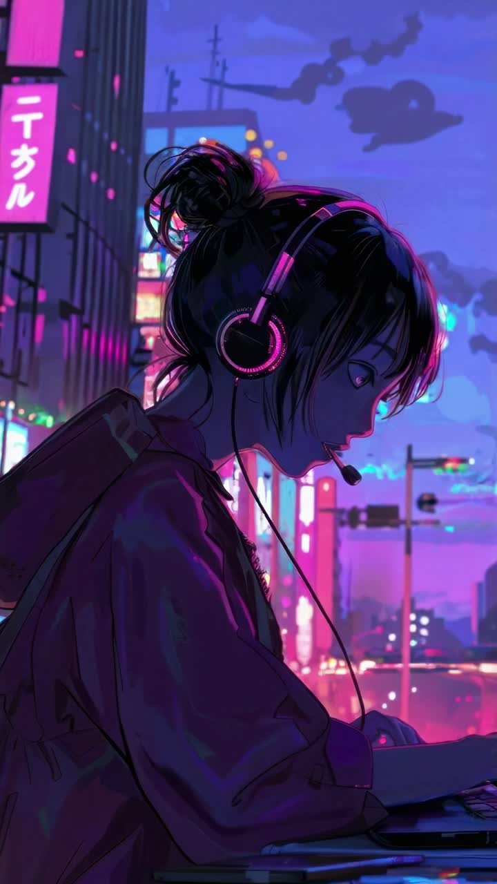 Videogiocatore in stile anime con cuffie, profilo laterale, immerso nel gioco