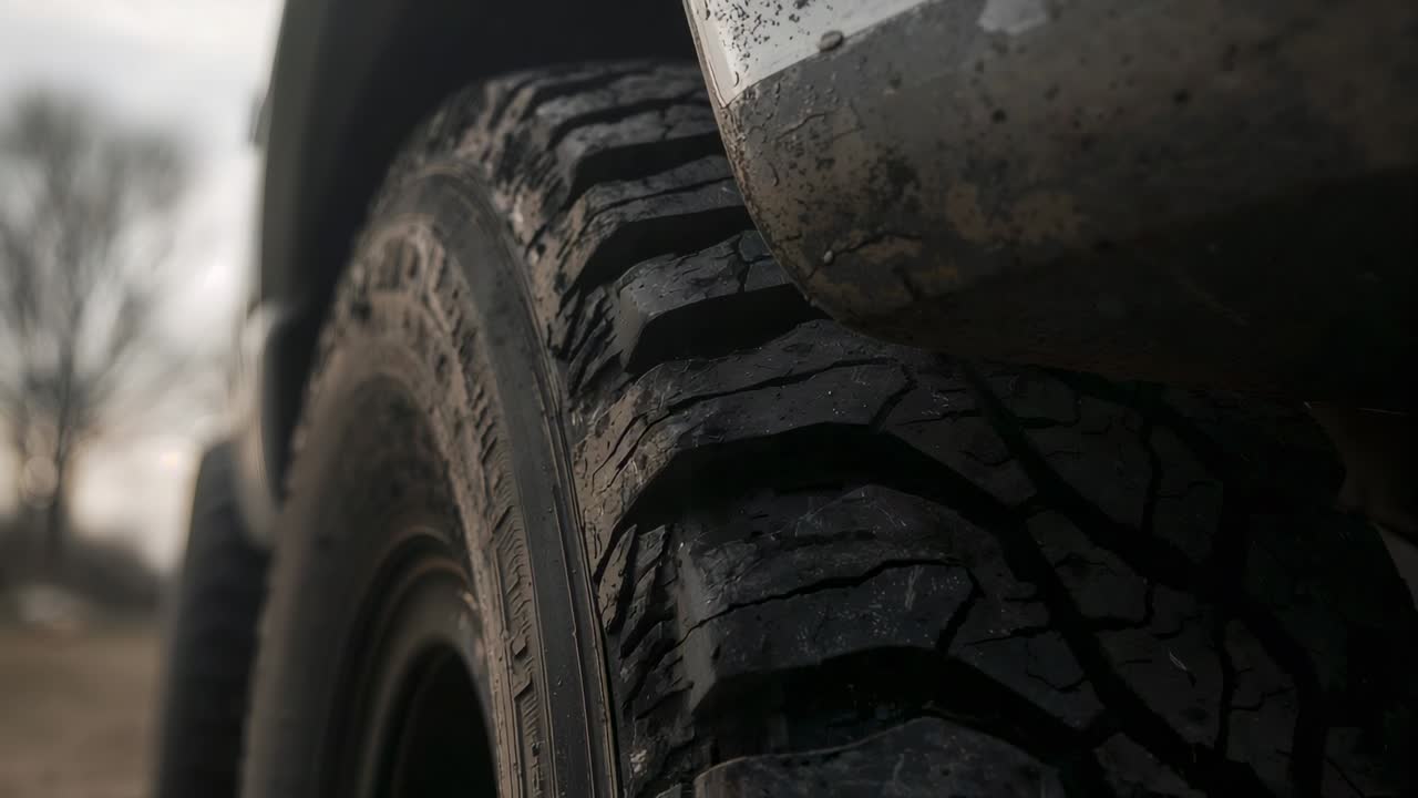 Panning camera triggered by operator revealing mud-specked all-terrain tire and bumper on driveway