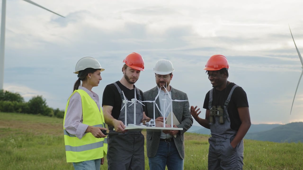 A diverse team of engineers examines wind turbine models at scenic wind farm their collaboration