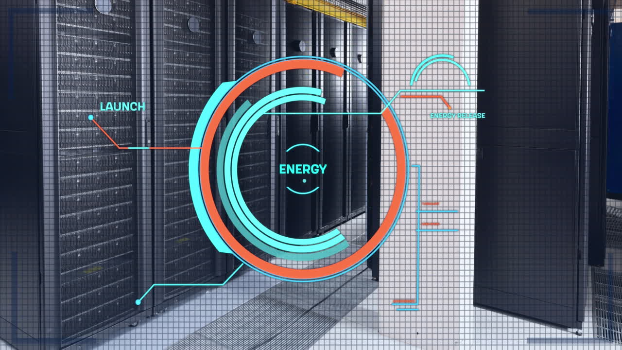 Animation of round scanner and data processing against computer server room