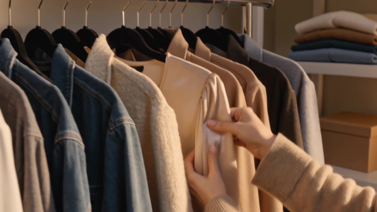 Reikende handen in beige breisel schuiven hangers langs een rek in de kast, terwijl ze een beige satijnen blouse inspecteren.