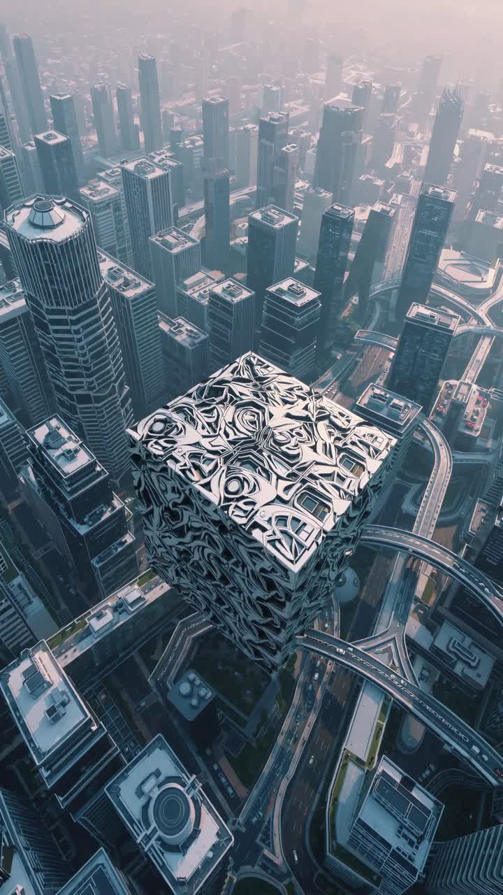 Futuristic cityscape with a hovering cube, captured from a high-angle view, resembling a sci-fi