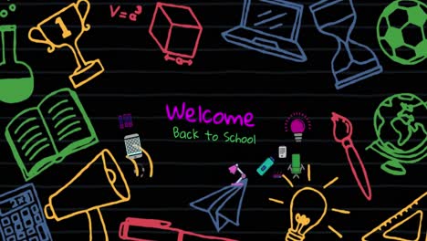 Animation-of-welcome-back-to-school-text-banner-and-school-concept-icons-on-black-chalkboard