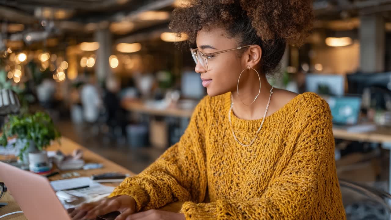 A Young Woman in Cozy Sweater Focused on Her Laptop in a Bright, Modern Office Space, Engaged in Work or Creative Activity with a Positive Vibe
