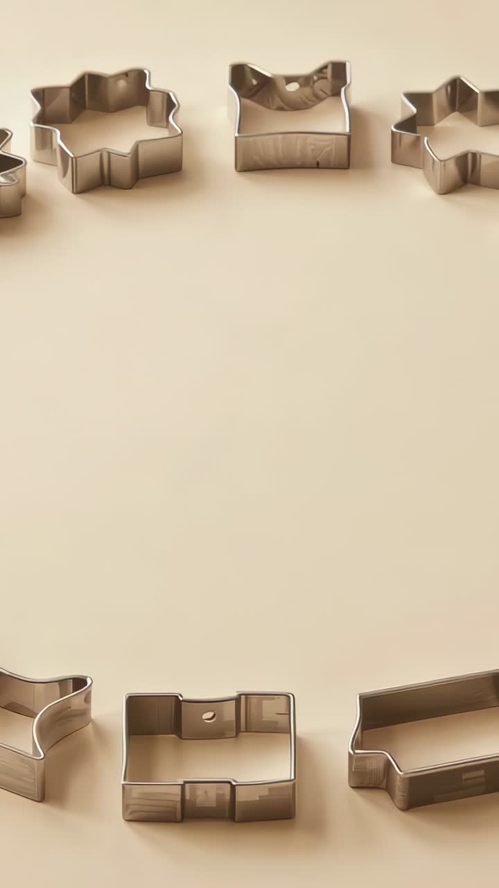 Video verticale: panoramica a scorrimento della fotocamera su taglia biscotti in metallo su un tavolo beige che mostra il layout